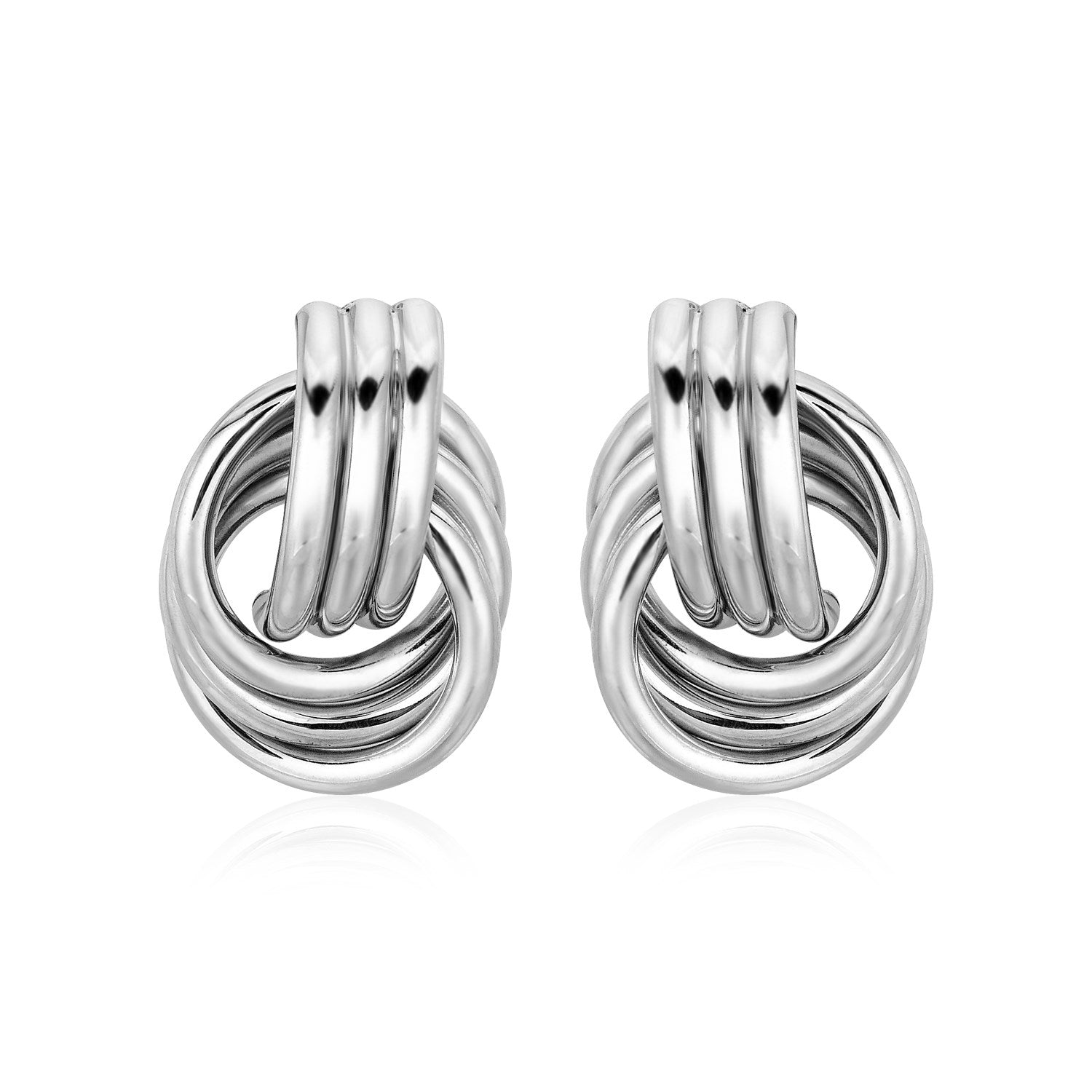 Polished Love Knot Earrings with Interlocking Rings in Sterling Silver(15mm) in a sleek high-contrast midnight luxury editori